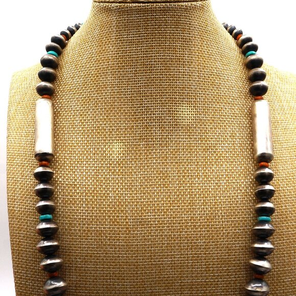 Native American Navajo Turquoise Silver Pearls Spiney Oyster Necklace & Earrings - Picture 8 of 10